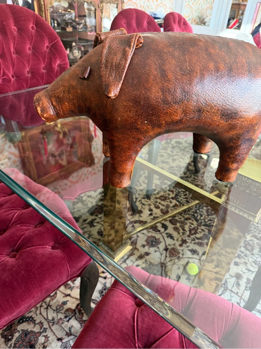Vintage-Style Brown Leather Pig Accent - Home Dining Decor